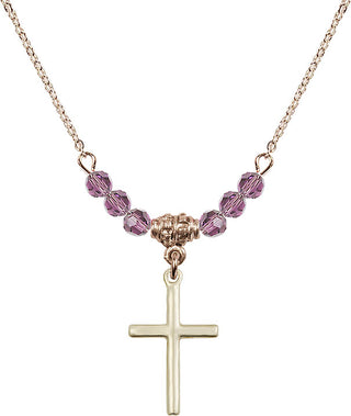 18" Hamilton Gold Plated Necklace with 4mm Light Amethyst Crystal Beads featuring a 14kt Gold Filled Cross Medal.