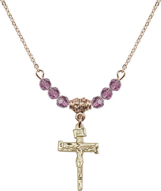 18" Hamilton Gold Plated Necklace with 4mm Light Amethyst Crystal Beads featuring a 14kt Gold Filled Nail Crucifix Medal.