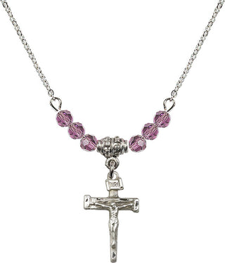 18" Rhodium Plated Necklace with 4mm Light Amethyst Crystal Beads featuring a Sterling Silver Nail Crucifix Medal.