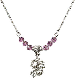 18" Rhodium Plated Necklace with 4mm Light Amethyst Crystal Beads featuring a Sterling Silver Rose Medal.