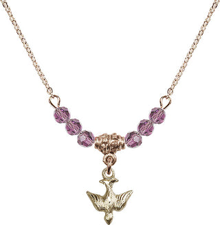 18" Hamilton Gold Plated Necklace with 4mm Light Amethyst Crystal Beads featuring a 14kt Gold Filled Holy Spirit Medal.