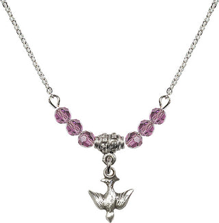 18" Rhodium Plated Necklace with 4mm Light Amethyst Crystal Beads featuring a Sterling Silver Holy Spirit Medal.