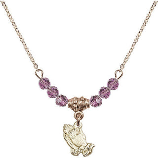 18" Hamilton Gold Plated Necklace with 4mm Light Amethyst Crystal Beads featuring a 14kt Gold Filled Praying Hands Medal.