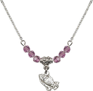 18" Rhodium Plated Necklace with 4mm Light Amethyst Crystal Beads featuring a Sterling Silver Praying Hands Medal.