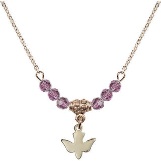 18" Hamilton Gold Plated Necklace with 4mm Light Amethyst Crystal Beads featuring a 14kt Gold Filled Holy Spirit Medal.