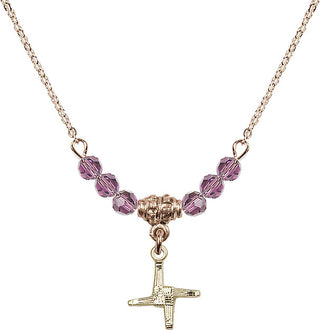 18" Hamilton Gold Plated Necklace with 4mm Light Amethyst Crystal Beads featuring a 14kt Gold Filled Saint Brigid Cross Medal.