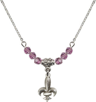 18" Rhodium Plated Necklace with 4mm Light Amethyst Crystal Beads featuring a Sterling Silver Fleur de Lis Medal.