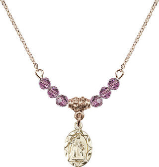 18" Hamilton Gold Plated Necklace with 4mm Light Amethyst Crystal Beads featuring a 14kt Gold Filled Saint Ann Medal.