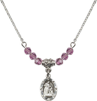 18" Rhodium Plated Necklace with 4mm Light Amethyst Crystal Beads featuring a Sterling Silver Saint Ann Medal.