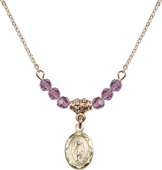 18" Hamilton Gold Plated Necklace with 4mm Light Amethyst Crystal Beads featuring a 14kt Gold Filled Miraculous Medal.