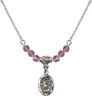 18" Rhodium Plated Necklace with 4mm Light Amethyst Crystal Beads featuring a Sterling Silver Saint Michael the Archangel Medal.