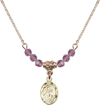 18" Hamilton Gold Plated Necklace with 4mm Light Amethyst Crystal Beads featuring a 14kt Gold Filled Scapular Medal.