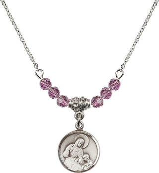 18" Rhodium Plated Necklace with 4mm Light Amethyst Crystal Beads featuring a Sterling Silver Saint Ann Medal. Engraved Catholic Saint Jewelry