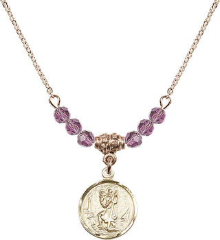 18" Hamilton Gold Plated Necklace with 4mm Light Amethyst Crystal Beads featuring a 14kt Gold Filled Saint Christopher Medal. Engraved Catholic Saint Jewelry