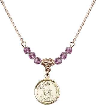 18" Hamilton Gold Plated Necklace with 4mm Light Amethyst Crystal Beads featuring a 14kt Gold Filled Guardian Angel Medal. Engraved Catholic Saint Jewelry