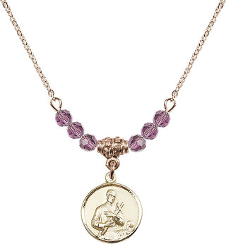 18" Hamilton Gold Plated Necklace with 4mm Light Amethyst Crystal Beads featuring a 14kt Gold Filled Saint Gerard Medal. Engraved Catholic Saint Jewelry
