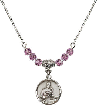 18" Rhodium Plated Necklace with 4mm Light Amethyst Crystal Beads featuring a Sterling Silver Saint Gerard Medal. Engraved Catholic Saint Jewelry