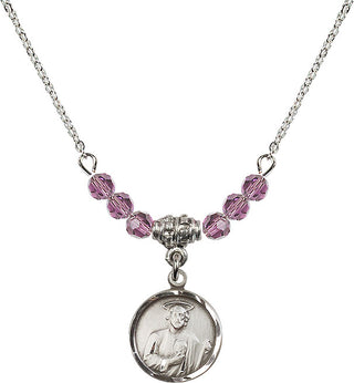 18" Rhodium Plated Necklace with 4mm Light Amethyst Crystal Beads featuring a Sterling Silver Saint Jude Medal. Engraved Catholic Saint Jewelry
