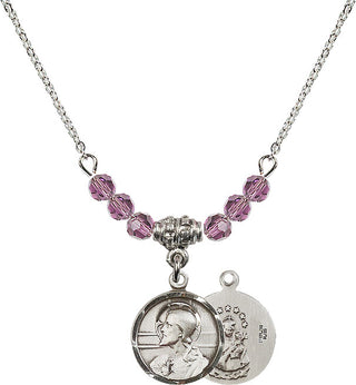 18" Rhodium Plated Necklace with 4mm Light Amethyst Crystal Beads featuring a Sterling Silver Scapular Medal.