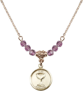 18" Hamilton Gold Plated Necklace with 4mm Light Amethyst Crystal Beads featuring a 14kt Gold Filled Communion Medal. Engraved Catholic Saint Jewelry