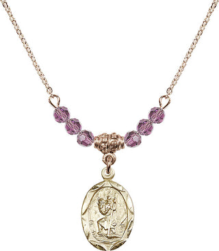18" Hamilton Gold Plated Necklace with 4mm Light Amethyst Crystal Beads featuring a 14kt Gold Filled Saint Christopher Medal. Engraved Catholic Saint Jewelry