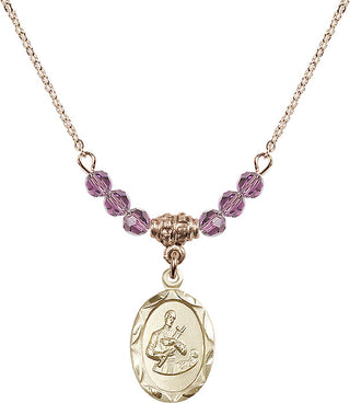 18" Hamilton Gold Plated Necklace with 4mm Light Amethyst Crystal Beads featuring a 14kt Gold Filled Saint Gerard Medal. Engraved Catholic Saint Jewelry