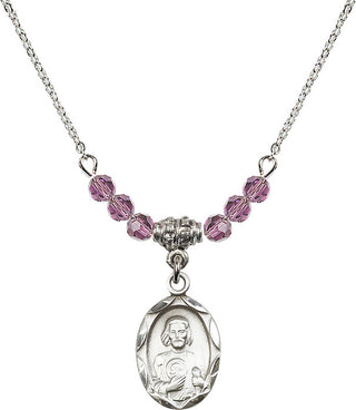 18" Rhodium Plated Necklace with 4mm Light Amethyst Crystal Beads featuring a Sterling Silver Saint Jude Medal. Engraved Catholic Saint Jewelry