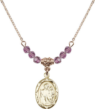 18" Hamilton Gold Plated Necklace with 4mm Light Amethyst Crystal Beads featuring a 14kt Gold Filled Saint Joseph Medal. Engraved Catholic Saint Jewelry