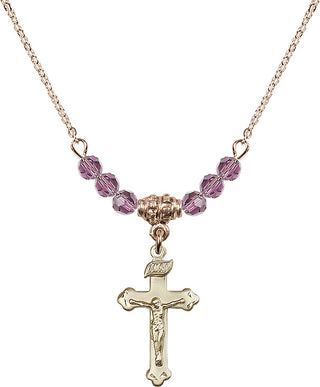 18" Hamilton Gold Plated Necklace with 4mm Light Amethyst Crystal Beads featuring a 14kt Gold Filled Crucifix Medal.