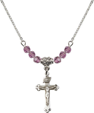18" Rhodium Plated Necklace with 4mm Light Amethyst Crystal Beads featuring a Sterling Silver Crucifix Medal.