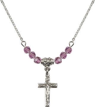 18" Rhodium Plated Necklace with 4mm Light Amethyst Crystal Beads featuring a Sterling Silver Crucifix Medal.