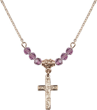 18" Hamilton Gold Plated Necklace with 4mm Light Amethyst Crystal Beads featuring a 14kt Gold Filled Cross Medal.