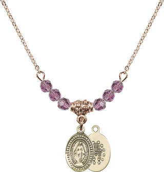 18" Hamilton Gold Plated Necklace with 4mm Light Amethyst Crystal Beads featuring a 14kt Gold Filled Miraculous Medal.