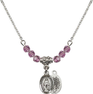 18" Rhodium Plated Necklace with 4mm Light Amethyst Crystal Beads featuring a Sterling Silver Miraculous Medal.