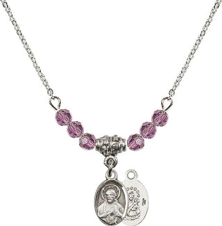 18" Rhodium Plated Necklace with 4mm Light Amethyst Crystal Beads featuring a Sterling Silver Scapular Medal.