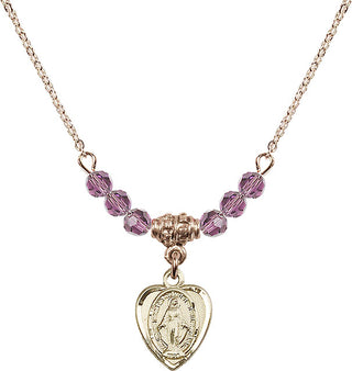 18" Hamilton Gold Plated Necklace with 4mm Light Amethyst Crystal Beads featuring a 14kt Gold Filled Miraculous Medal.