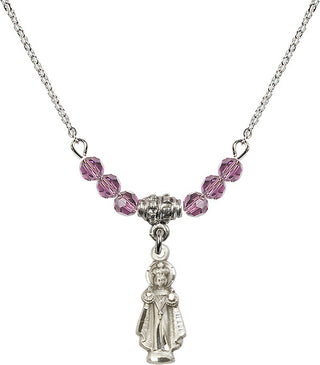 18" Rhodium Plated Necklace with 4mm Light Amethyst Crystal Beads featuring a Sterling Silver Infant of Prague Medal.