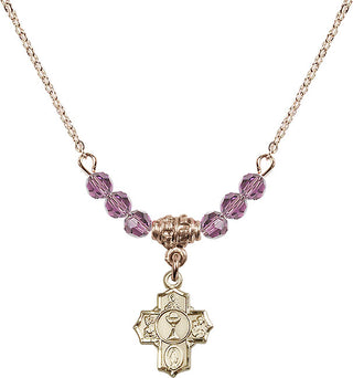 18" Hamilton Gold Plated Necklace with 4mm Light Amethyst Crystal Beads featuring a 14kt Gold Filled Communion 5-Way Medal.