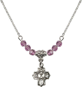 18" Rhodium Plated Necklace with 4mm Light Amethyst Crystal Beads featuring a Sterling Silver Communion 5-Way Medal.