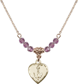 18" Hamilton Gold Plated Necklace with 4mm Light Amethyst Crystal Beads featuring a 14kt Gold Filled Heart / Confirmation Medal.