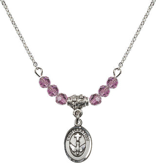 18" Rhodium Plated Necklace with 4mm Light Amethyst Crystal Beads featuring a Sterling Silver Confirmation Medal.