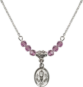 18" Rhodium Plated Necklace with 4mm Light Amethyst Crystal Beads featuring a Sterling Silver Chalice Medal.