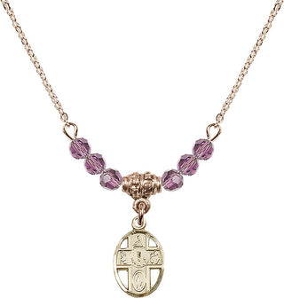 18" Hamilton Gold Plated Necklace with 4mm Light Amethyst Crystal Beads featuring a 14kt Gold Filled 5-Way / Chalice Medal.
