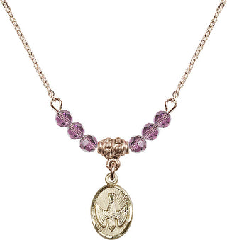 18" Hamilton Gold Plated Necklace with 4mm Light Amethyst Crystal Beads featuring a 14kt Gold Filled Holy Spirit Medal.
