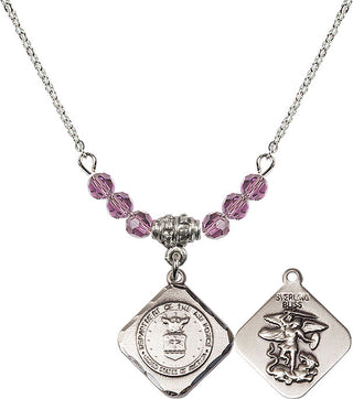 18" Rhodium Plated Necklace with 4mm Light Amethyst Crystal Beads featuring a Sterling Silver Air Force Diamond Medal.