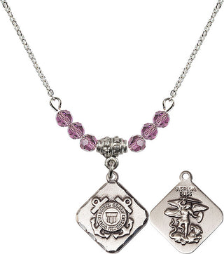 18" Rhodium Plated Necklace with 4mm Light Amethyst Crystal Beads featuring a Sterling Silver Coast Guard Diamond Medal.