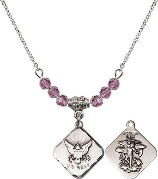18" Rhodium Plated Necklace with 4mm Light Amethyst Crystal Beads featuring a Sterling Silver Navy Diamond Medal.