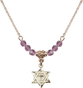 18" Hamilton Gold Plated Necklace with 4mm Light Amethyst Crystal Beads featuring a 14kt Gold Filled Star of David with Cross Medal.
