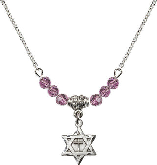 18" Rhodium Plated Necklace with 4mm Light Amethyst Crystal Beads featuring a Sterling Silver Star of David with Cross Medal.