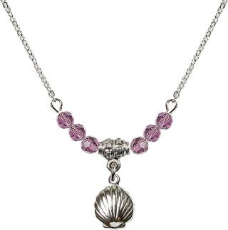 18" Rhodium Plated Necklace with 4mm Light Amethyst Crystal Beads featuring a Sterling Silver Shell Medal.